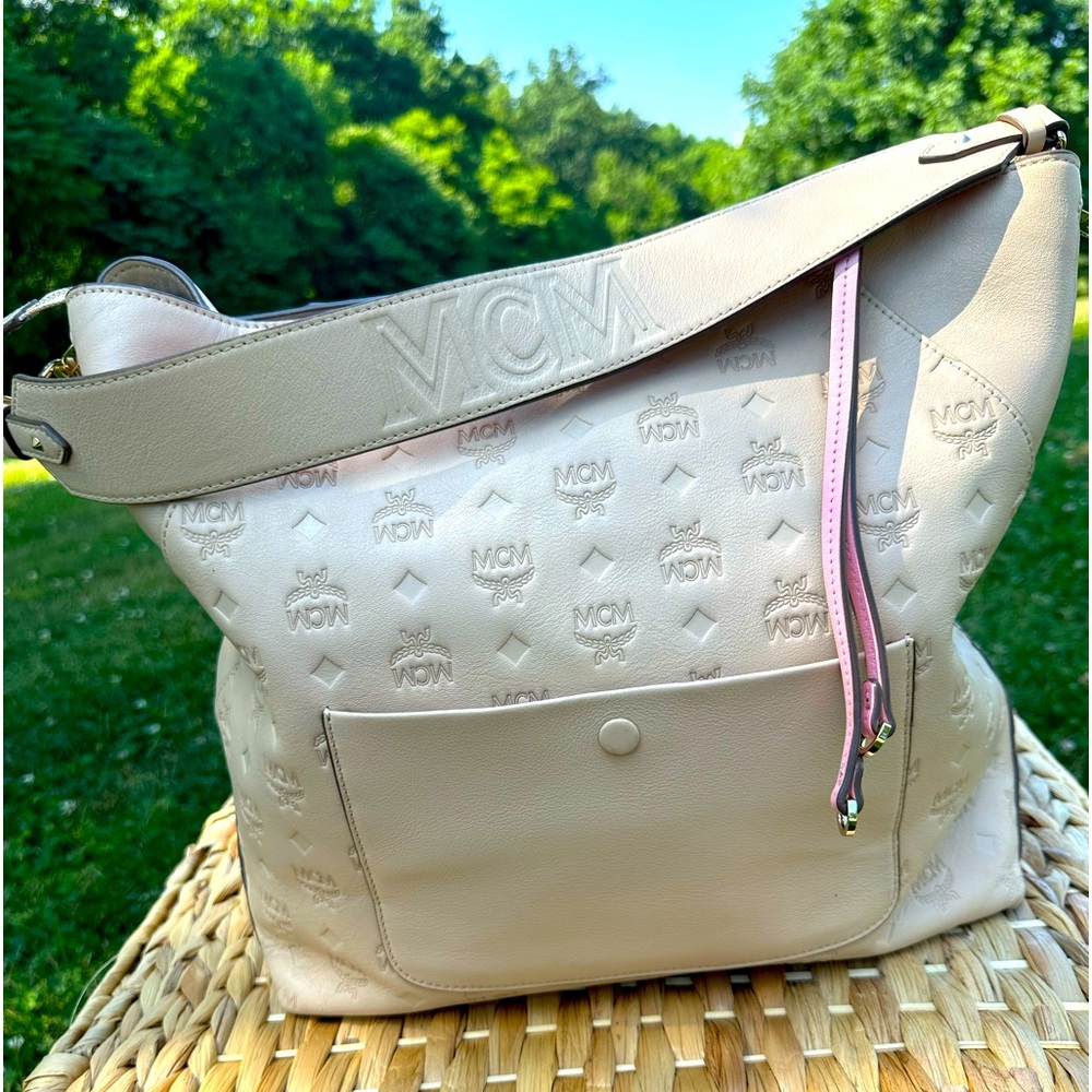 MCM Cream Shoulder Bag with Monogram Pattern